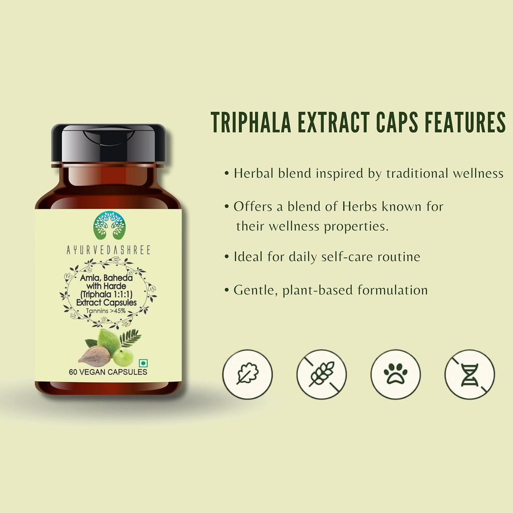 Triphala Extract 500mg - 60 Vegetarian Capsules | Amla, Baheda & Harad Extract | | All Natural | 100% Vegan | Gluten-Free | GMP Certified.