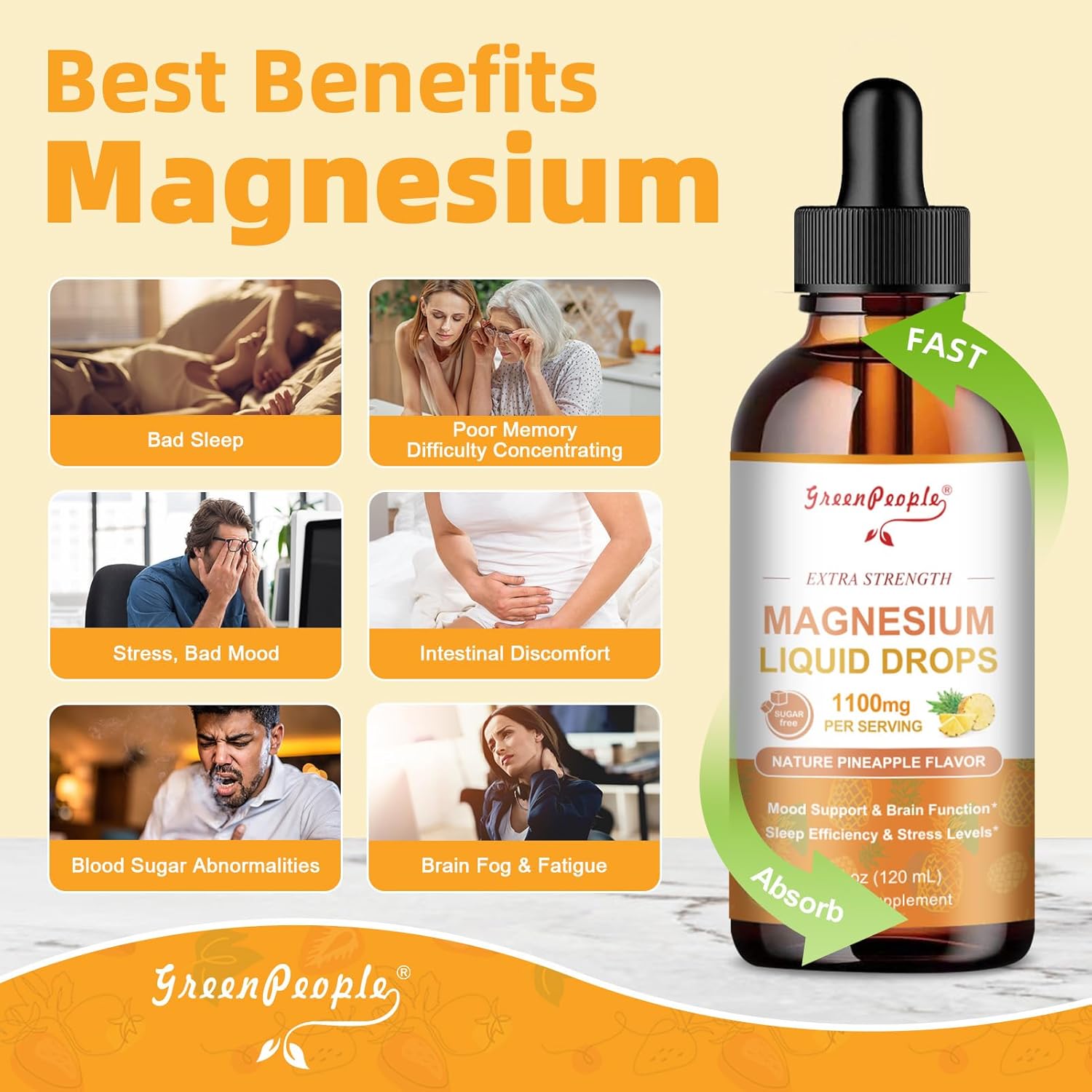 GREENPEOPLE 17-in-1 Triple Magnesium Complex Supplement,Magnesio Liquid Drops with Magnesium Glycinate & Citrate,Pineapple Flavor,Calm Mood,Muscle & Sleep for Adults,4 fl. oz 2Pack