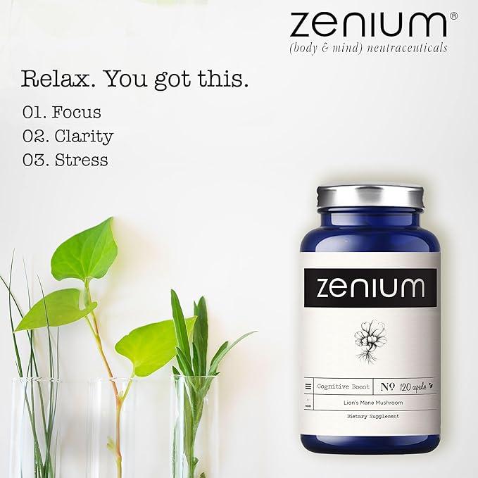 Zenium Lion's Mane Mushroom Cognition 1000mgs per Serving | 120 Capsules | Brain Focus Supplement | Powder Extract | Calm Mind & Body | Ayurvedic | Relieve Tension, Worry, Nervousness, Irritability