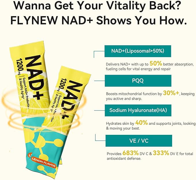 NAD Supplement, NAD Supplement w/ PQQ, HA, VC, VE, NAD+ Supplements Support Healthy Aging, Stamina, Cellular Health & Energy for Women Men, Liposomal ≥50% Absorption , Non-GMO, 30 Packs, Lemon Flavor