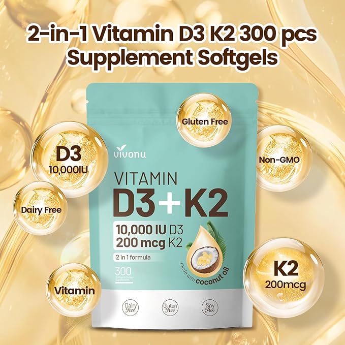 Vitamin D3 K2 10000 IU with MK7-300 Virgin Coconut Oil Softgels, 2 in 1 Vitamins D & K Complex | Vitamina D3 con K2 | Supports Calcium Absorption, Bone, Immune, & Heart Health – Easy to Swallow