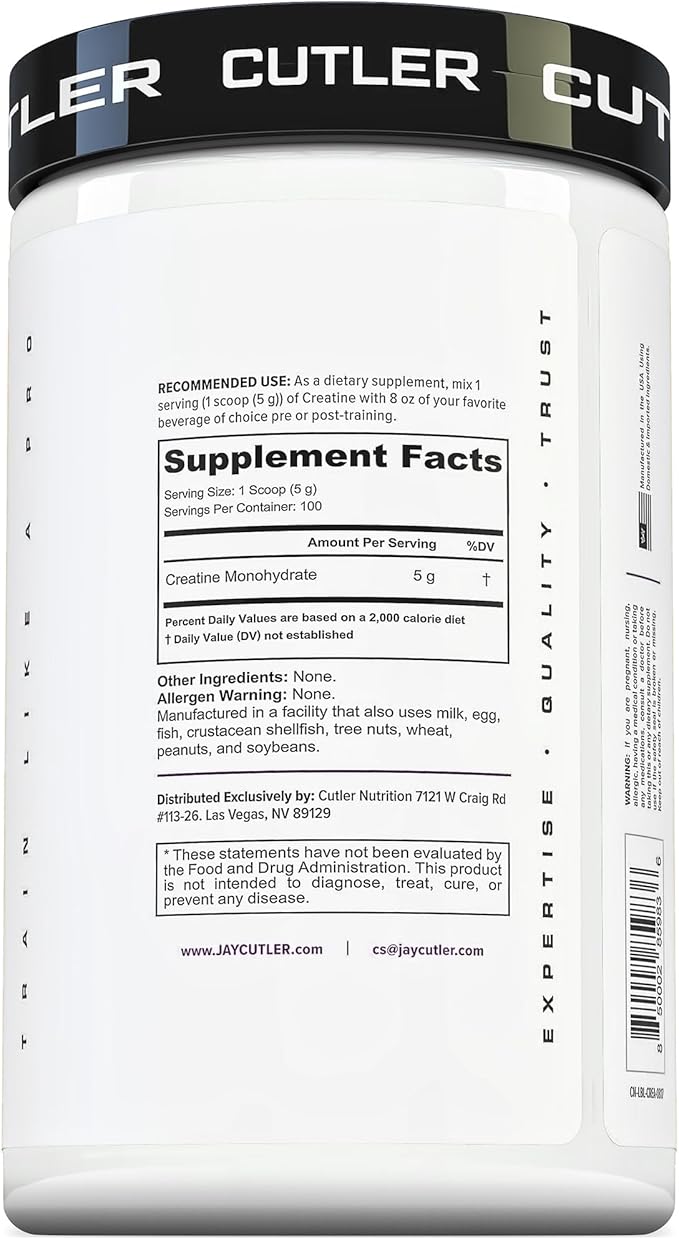 Cutler Nutrition Pure Creatine Monohydrate - 5g Per Serving - Premium Muscle Builder Enhances Strength Performance & Recovery - Unflavored for Easy Mixing (100 Servings)