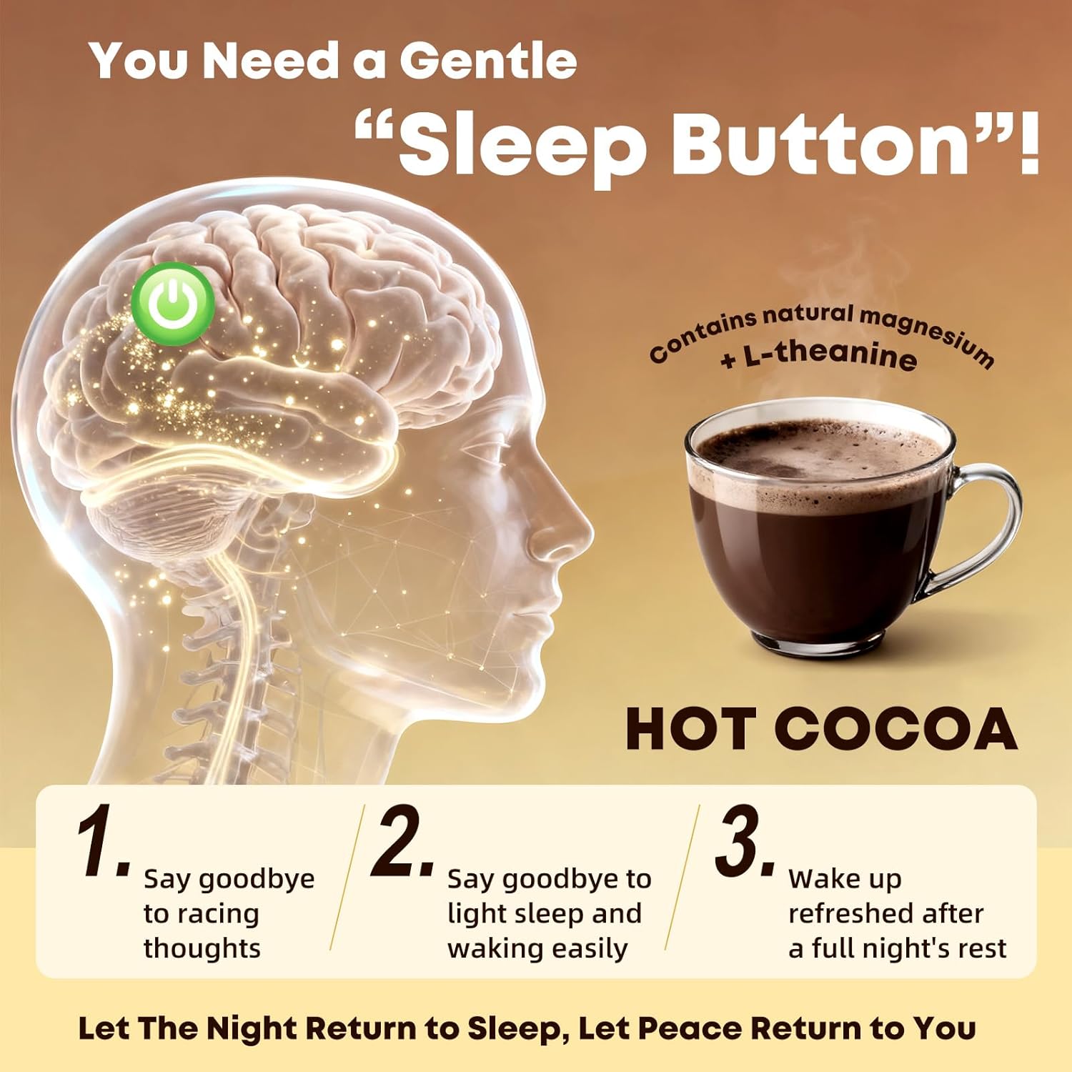 Nighttime Magnesium Hot Cocoa Powder：Natural Sleep Aid Drink Mix for Adults, Relaxing Evening Drink with Magnesium L-Theanine & Reishi-Calming Cocoa Blend Non-GMO