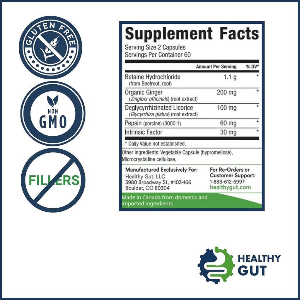Healthy Gut HCL Guard+ | Promotes Healthy Digestive Function | Betaine Hydrochloride, Organic Ginger Root, DGL, and Pepsin | 60 Servings