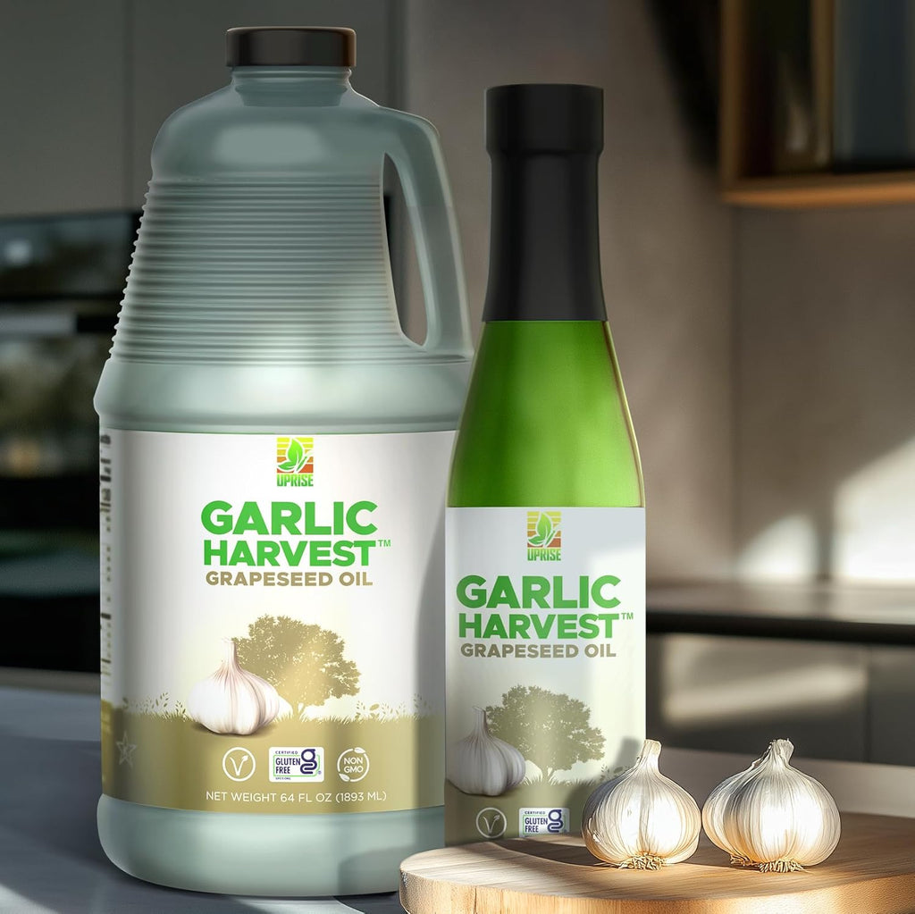 Garlic Harvest Grapeseed Oil – 12.7 oz Glass Bottle | Garlic Flavored Healthy Cooking Oil for Roasting, Vegetables, and Pasta | High Smoke Point | Non-GMO, Plant-Based, Gluten-Free, Organic