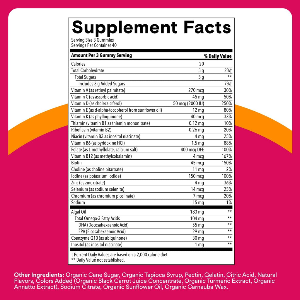 SmartyPants Women's Multivitamin Gummies - Improved Formula: Omega 3 (DHA/EPA), Methylfolate, CoQ10, Vitamin D3, C, Vitamin B12, B6, A, K & Zinc, Inositol, Gluten Free, 120 Count (40 Day Supply)
