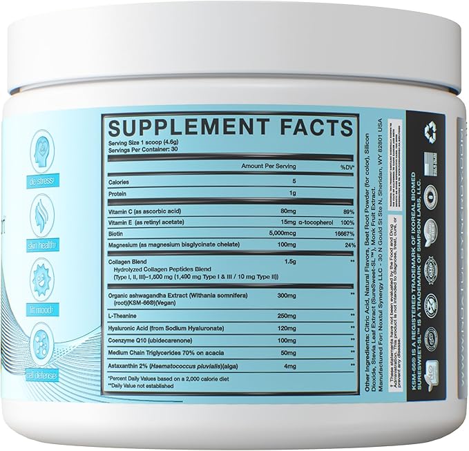 CalmGlo+ Stress & Skin Support Supplement Drink - Cortisol Reducer with Ashwagandha KSM-66, L-Theanine, Magnesium & Collagen Peptides - Adrenal Health & Mood Support - Raspberry Lemonade, 30 Servings