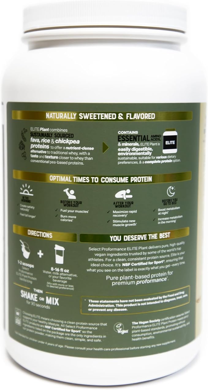 Select Proformance Elite Vegan Protein Powder - 15g of Protein, Plant Based, Dairy Free, Gluten Free, Clean Ingredients - Vanilla Icing, 2lb Tub (40 Servings)