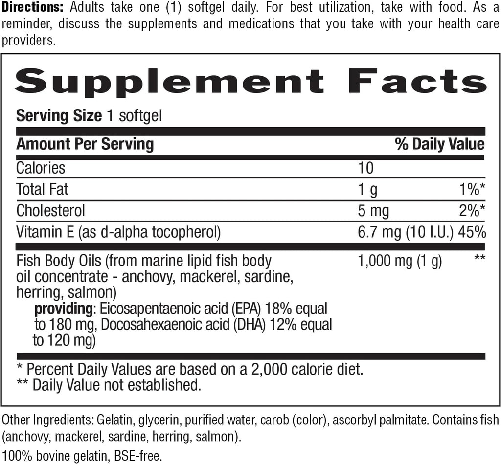Country Life Omega-3 Fish Oil Supplement, 1000mg, 180mg EPA & 120mg DHA, Fish Oil Concentrate, Burpless, 100 Softgels, Certified Gluten Free