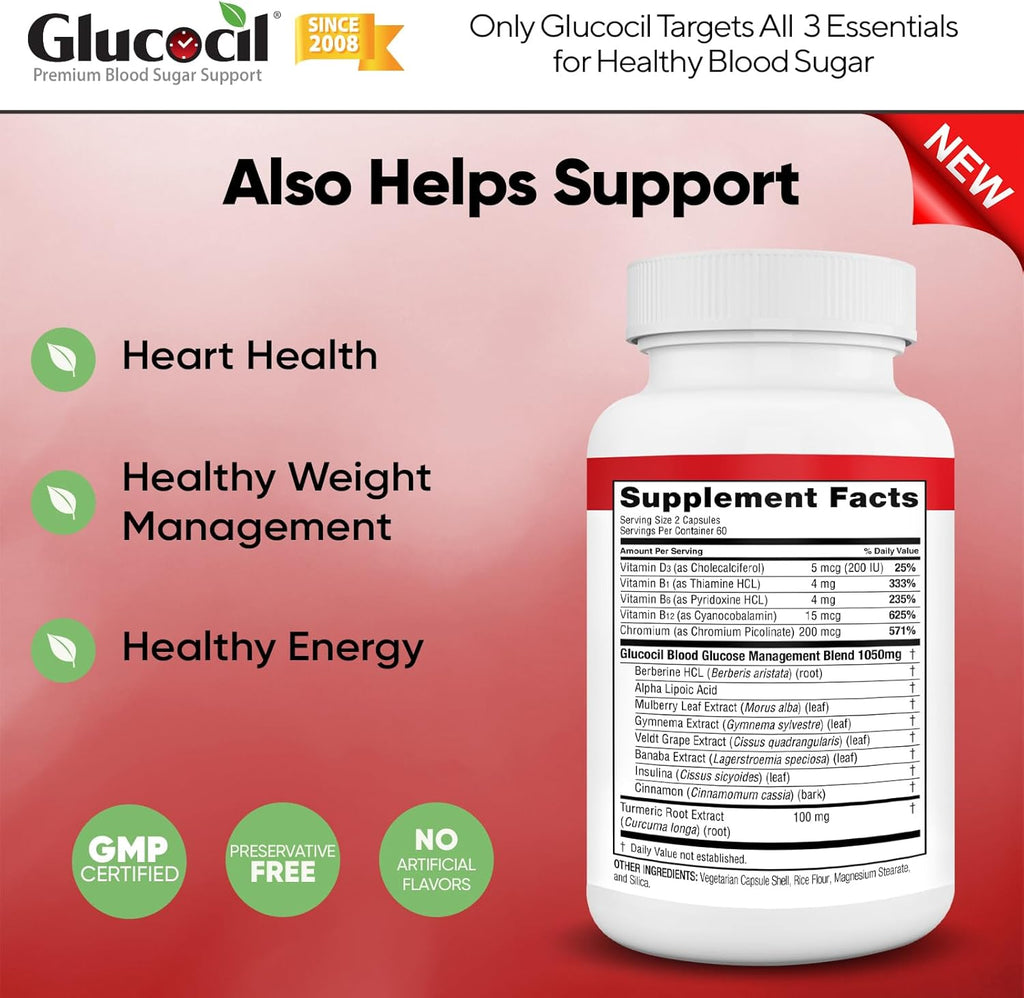 Glucocil – New - Vegetarian Capsules - Premium Blood Sugar Support - Supports The 3 Essentials for Healthy Blood Sugar - with Berberine, Proprietary Mulberry Leaf, and More