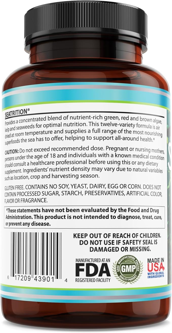 Seatrition Immune Thyroid Support Pure 12 Whole Seaweed Plants Vegan Friendly (1 Month Supply) Natural Multi Vitamin Sea Minerals Wholefood Nutrition Supplement 90 Veg Capsules