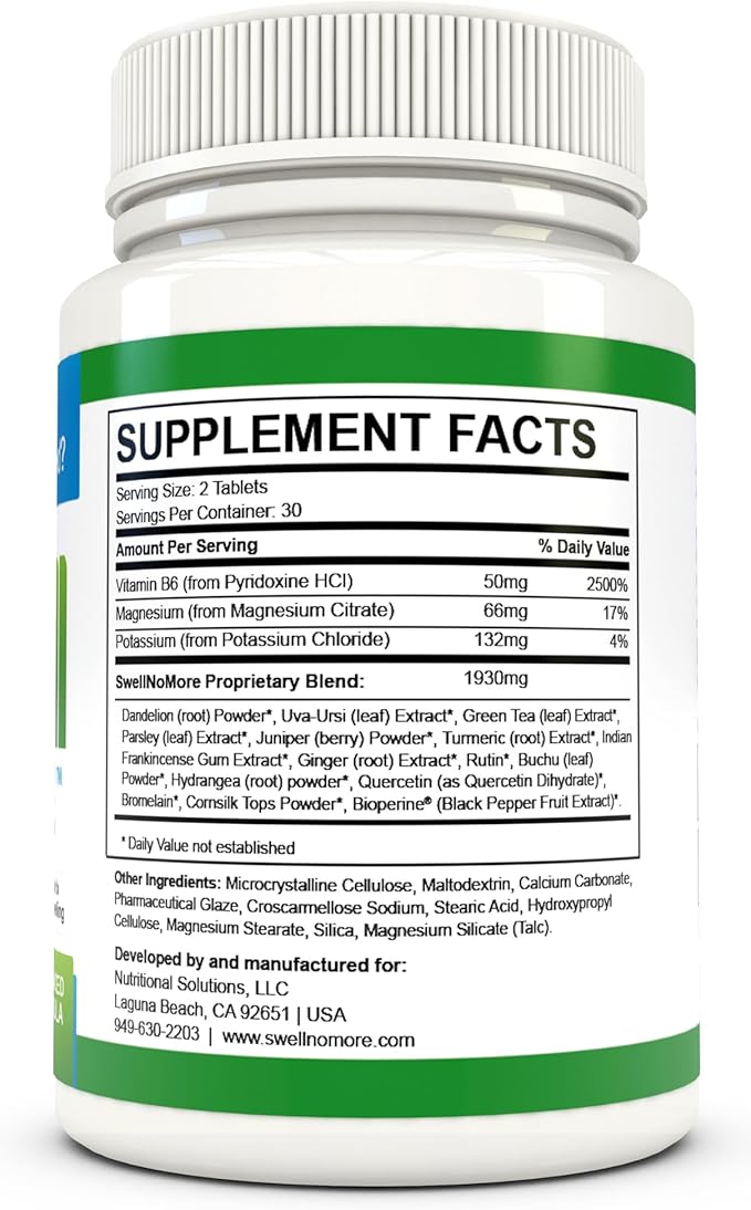 SwellNoMore Natural Supplement Reduces Water Retention, Bloating, Puffy Eyes, Swollen Feet, Swollen Legs, Swollen Ankles & Other Types of Edema & Swelling, Fast & Naturally -1 bottle (1 Month Supply)