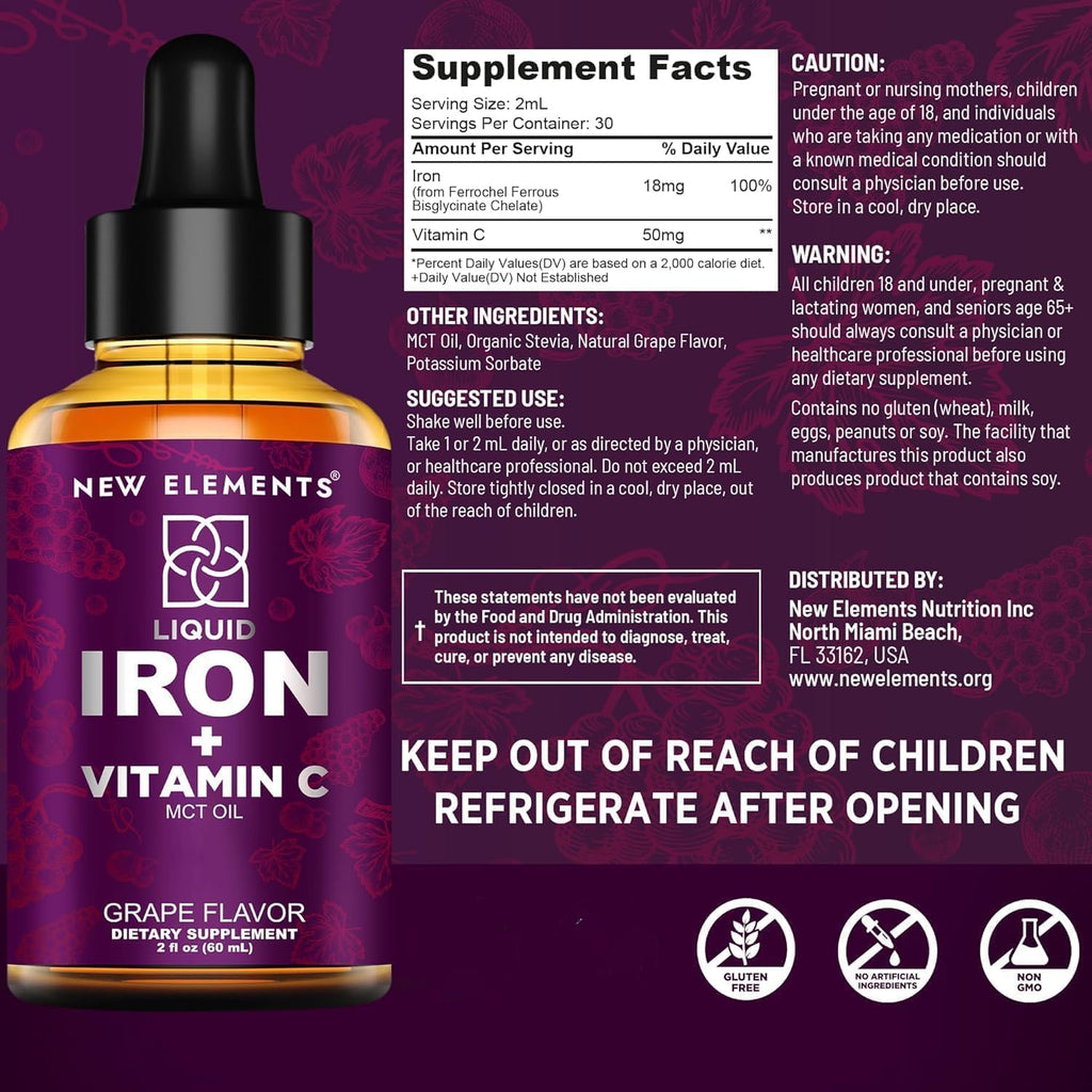 [2 𝐏𝐚𝐜𝐤] Liquid Iron Supplement with Vitamin C – 18mg Iron & 50mg Vitamin C for Anemia Support – Blood Builder Drops for Women & Men – Fast Absorption, Boosts Energy & Immunity – Vegan, Non-GMO