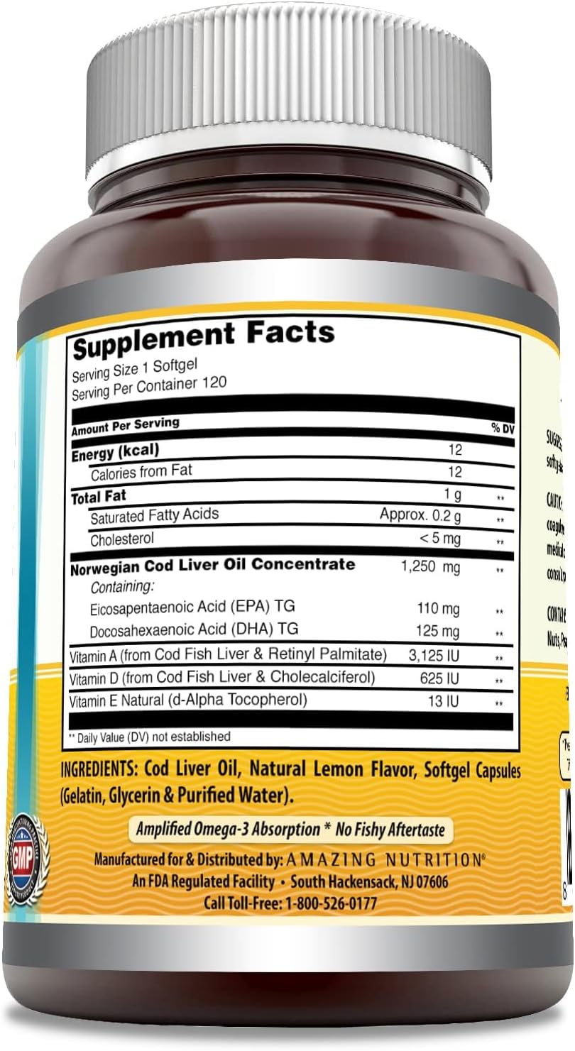 Amazing Omega Norwegian Cod Liver Oil 1250 Mg Softgels Supplement | Omega-3, EPA, DHA, Vitamin A, Vitamin D & Vitamin E (Lemon | 120 Count | 2 Pack)
