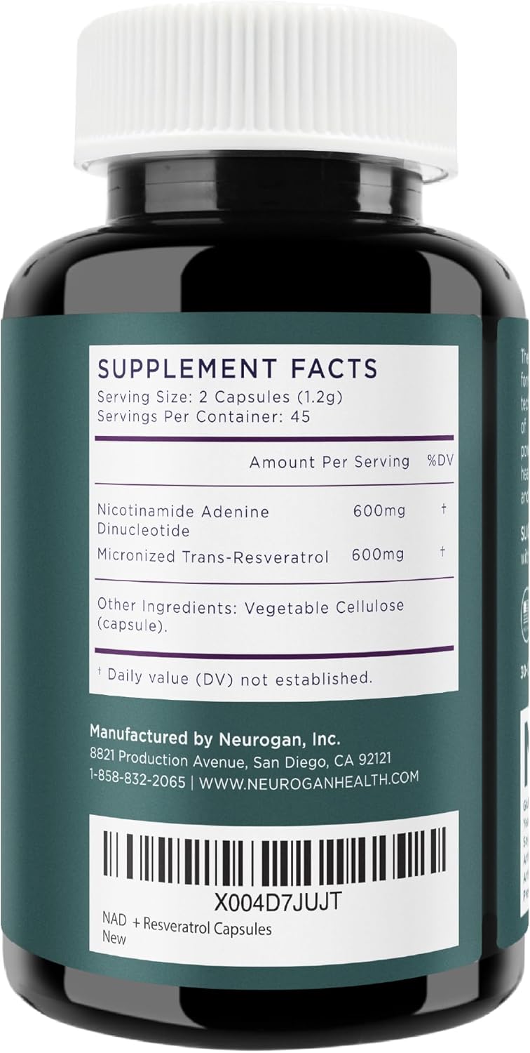 Neurogan NAD+ with Resveratrol Capsules 1:1 Ratio - 1200mg Per Serving, 90 Ct - Cellular Health & Healthy Aging Supplements, Energy & Immune Support - Nicotine Adenine Dinucleotide NAD+ Supplement