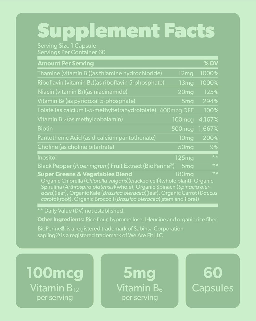 Vegan Vitamin B Complex - Whole Food Blend with Essential B Vitamins B1, B2, B3, B5, B6, B7, Folate, B12-60 Caps