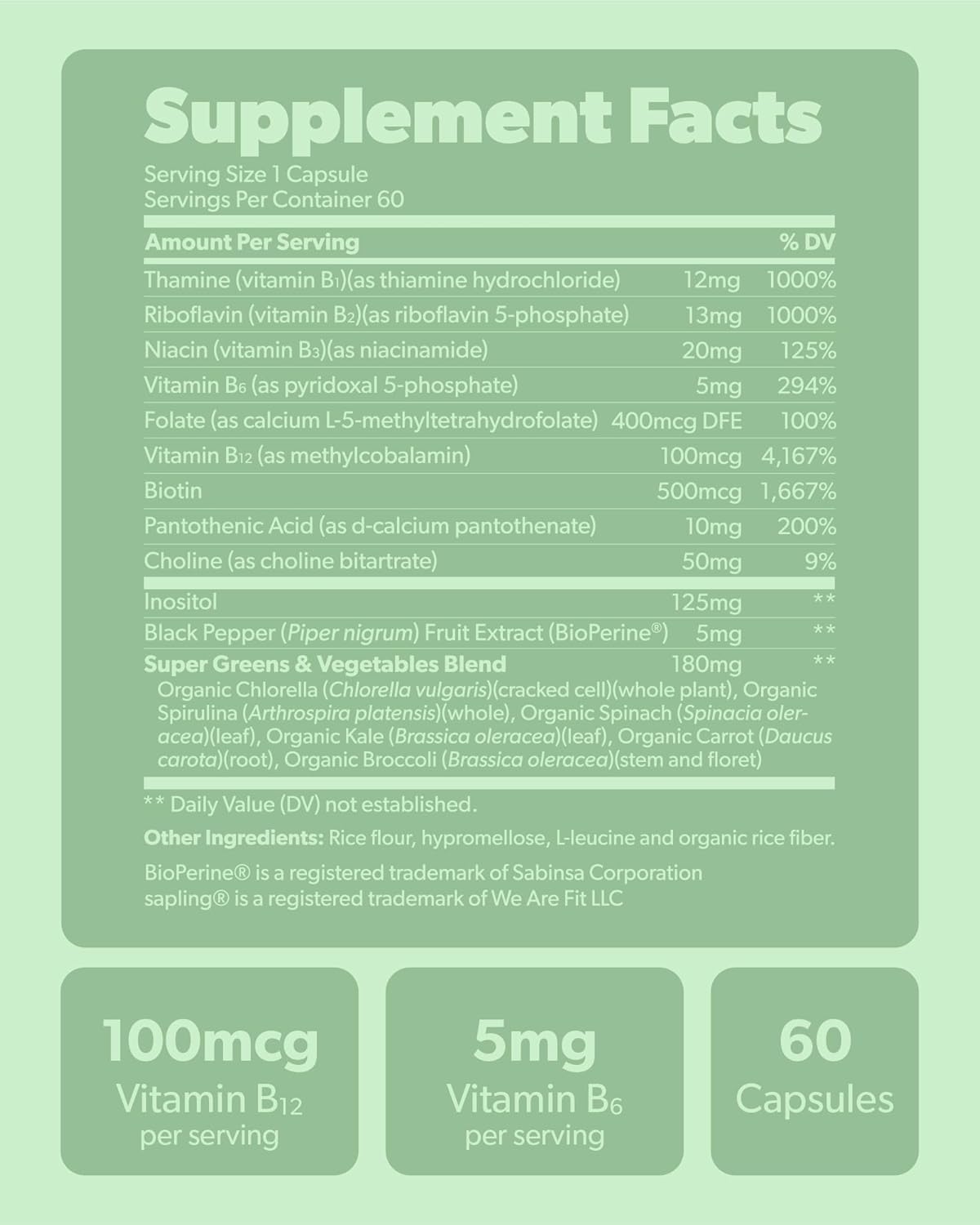 Vegan Vitamin B Complex - Whole Food Blend with Essential B Vitamins B1, B2, B3, B5, B6, B7, Folate, B12-60 Caps