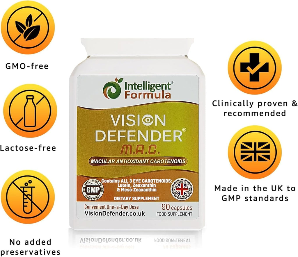 Vision Defender MAC Eye Supplement: Lutein, Zeaxanthin & Meso-Zeaxanthin Triple Antioxidant Carotenoids for Eye Health and Eyesight (90 Capsules/One Capsule Daily) Made in UK
