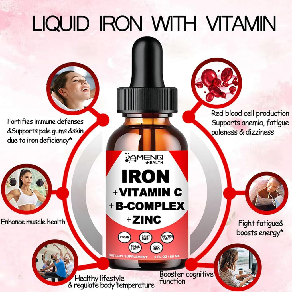 Liquid Iron Supplement w/Vitamin C, A, B-Complex, Vegan Iron Drops High Potency Liquid Vitamin & Iron Supplements for Women, Men & Children -Support Red Blood Cell, Energy, Anemia & Fatigue