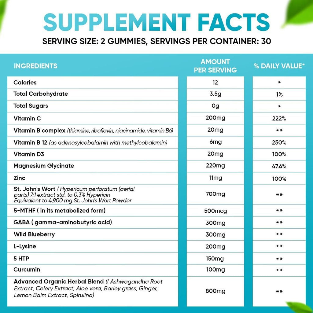 Sugar Free 22 in 1 Calm Mood Gummies St. John's Wort, 5-HTP, GABA, Ashwagandha| Magnesium Glycinate Gummies | Non-GMO, Natural Support Stress & Relaxation, Mood & Energy | Vegan, 60 ct.
