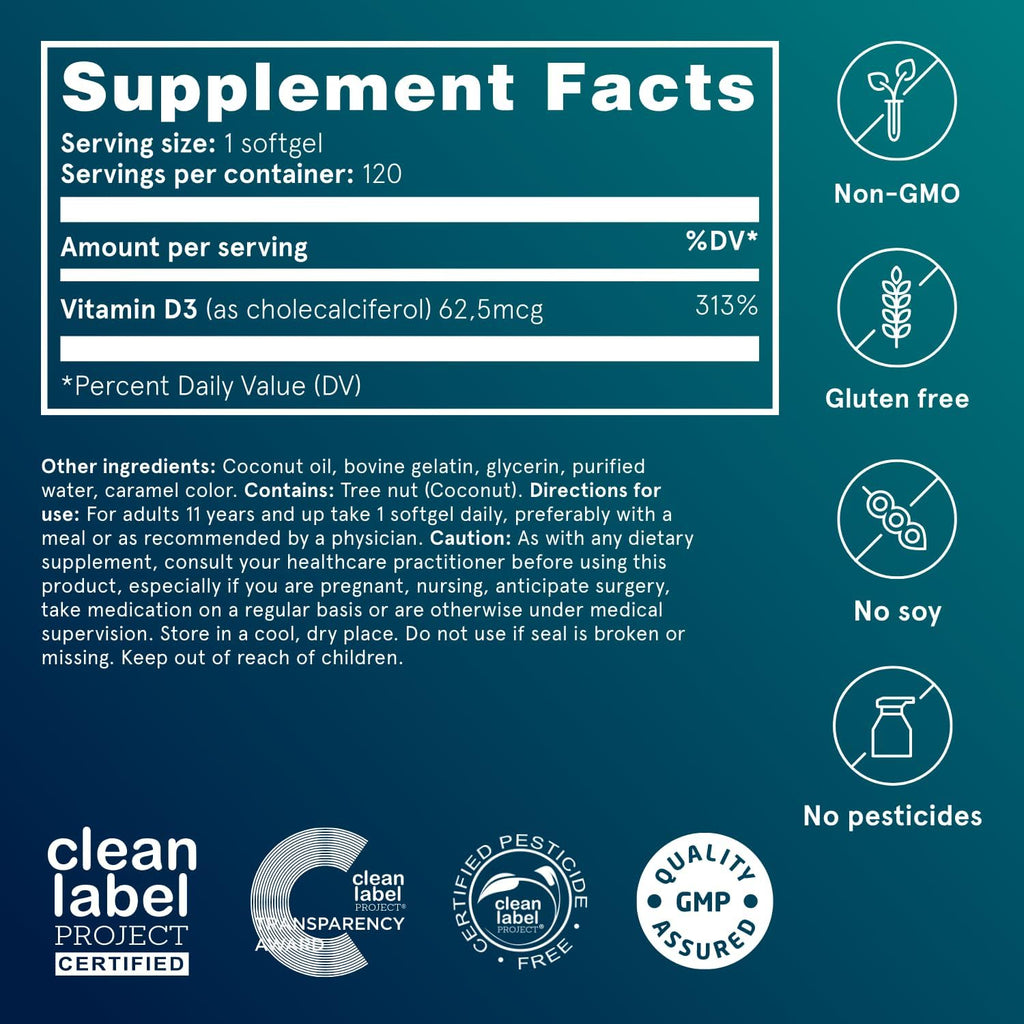Puori Vitamin D3 with Organic Coconut Oil - 120 x 2500 IU - for Healthy Muscle Function, Bone Health, Immune Support and Calcium Uptake- Non-GMO and Gluten Free - For Children and Adults