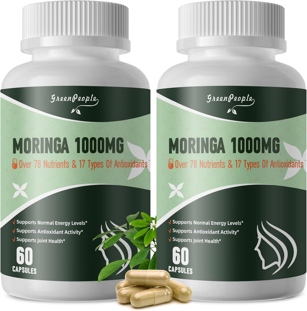 Moringa Capsules,Rich Moringa Powder with Turmeric & Ginger,A Natural Green Antioxidant Superfood - Supports Energy,Skin Health,Gut Health,60pcs 2packs