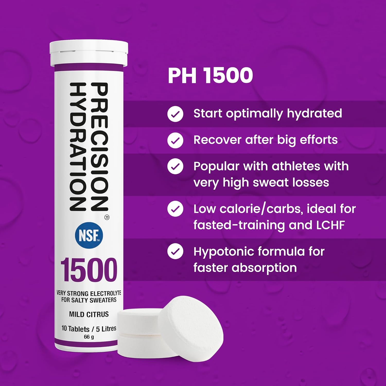 Precision Hydration Lite Electrolyte Drink - Multi Strength Effervescent Hydration Tablets - Combats Cramp - Low Calorie, Gluten Free, Vegan/Vegetarian Friendly, NSF (1 Tube, 1500mg/L - Purple Tube)