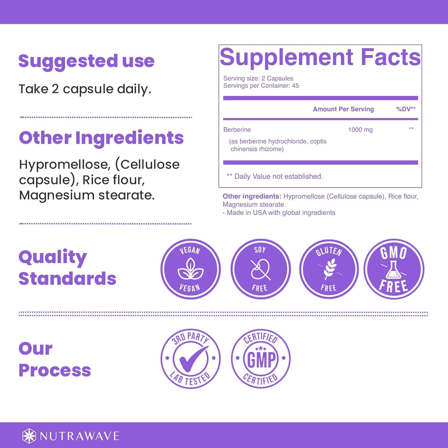 PURE Berberine Maximum Potency - Supports Blood Sugar Levels & Metabolism, 1000mg Per Serving - 2 Capsules - For Adults Seeking Natural Glucose Support - Non-GMO, Vegan - 1 Pack