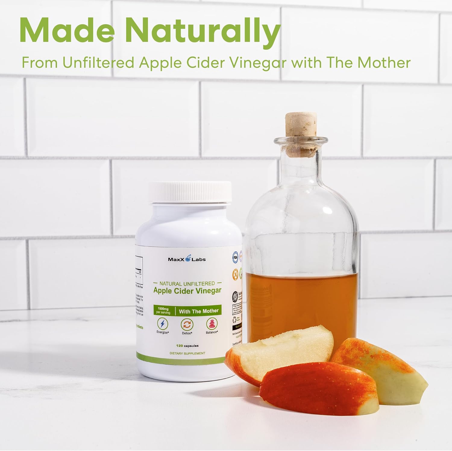 Apple Cider Vinegar Capsules with Mother, 1500mg ACV Pills, Helps Improve Energy, Support Efforts to Improve Immunity and Digestion High Potency, Non-GMO, Gluten-Free - 60-Day Supply
