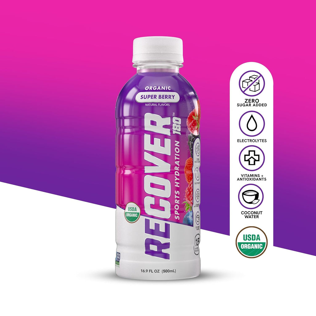 RECOVER 180 Organic Sports Hydration Drink, No Sugar Added, 20 Calorie Sports Beverage, Organic Flavors With Vitamins, Potassium-Packed Electrolytes (16.9 Fl Oz (Pack of 12), Super Berry)