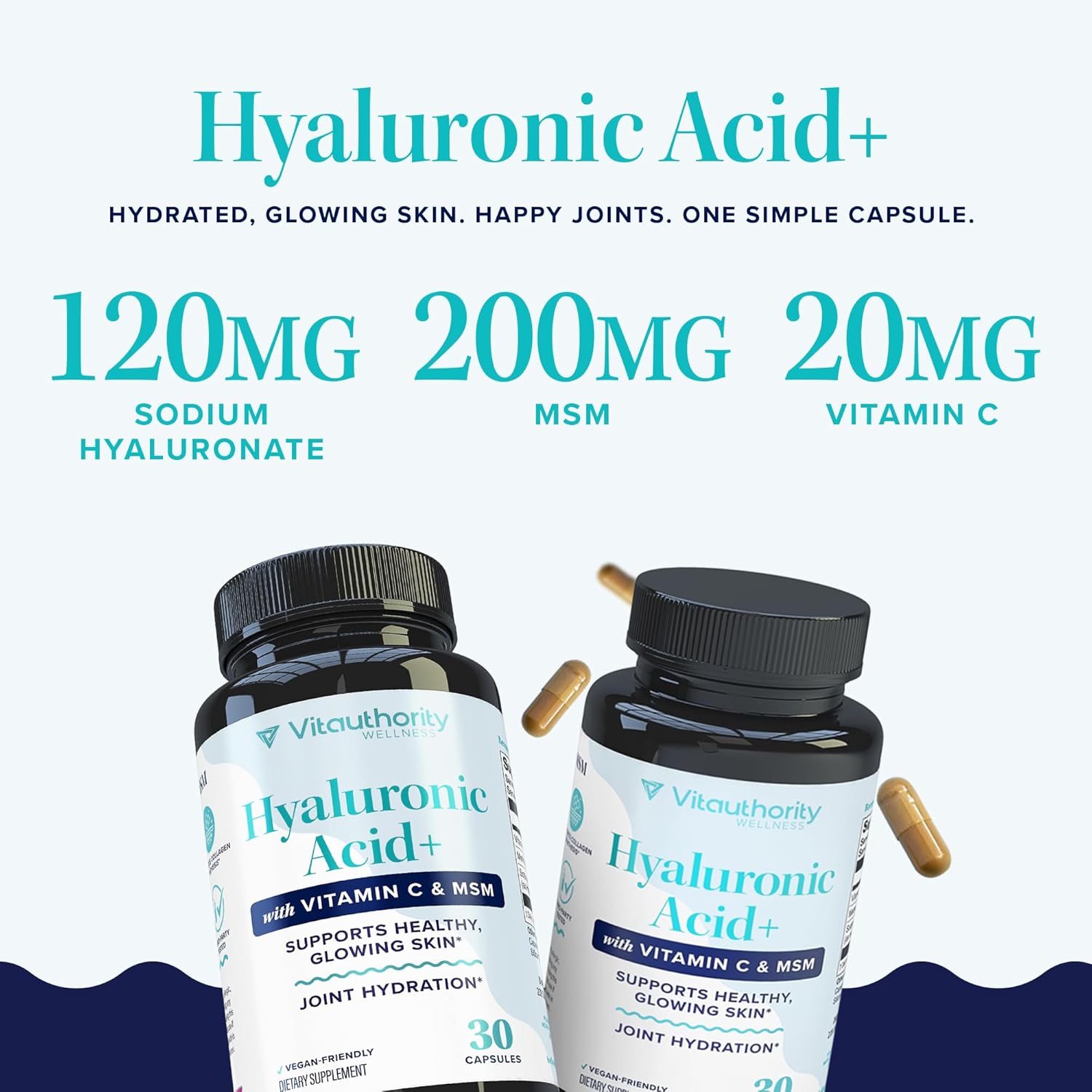 Hyaluronic Acid Capsules with MSM & Vitamin C | 120mg Sodium Hyaluronate | Skin Hydration, Elasticity & Collagen Support | Vegan, Non-GMO, Antioxidant Beauty Supplement 30 Servings