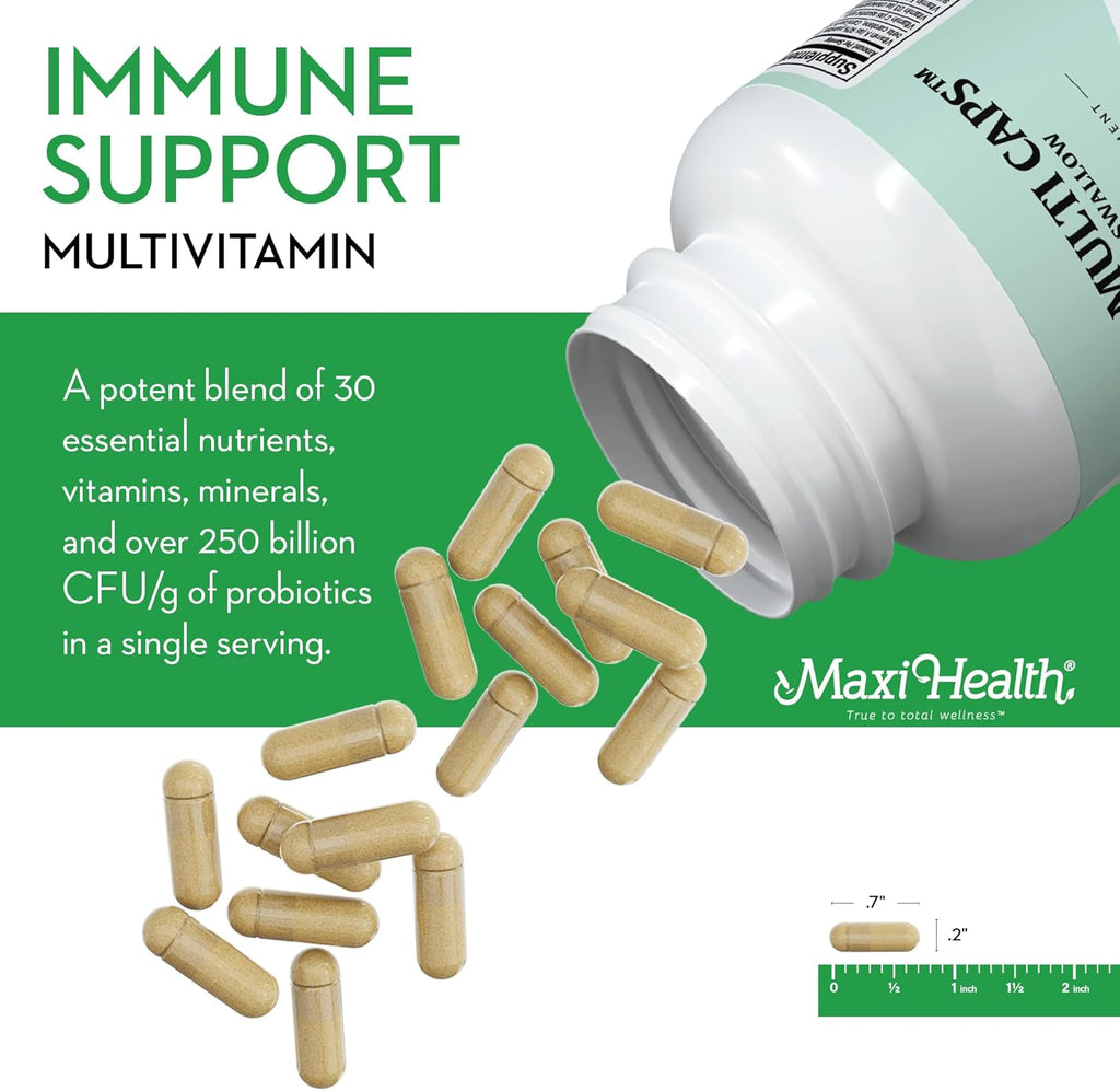 Maxi Health Multivitamin – Easy to Swallow Multi Vitamin Capsules with 30 Nutrients, Iron & Probiotics – Kosher Daily Multivitamins Small Capsules for Wellness Support & Digestive Ease (120 Units)