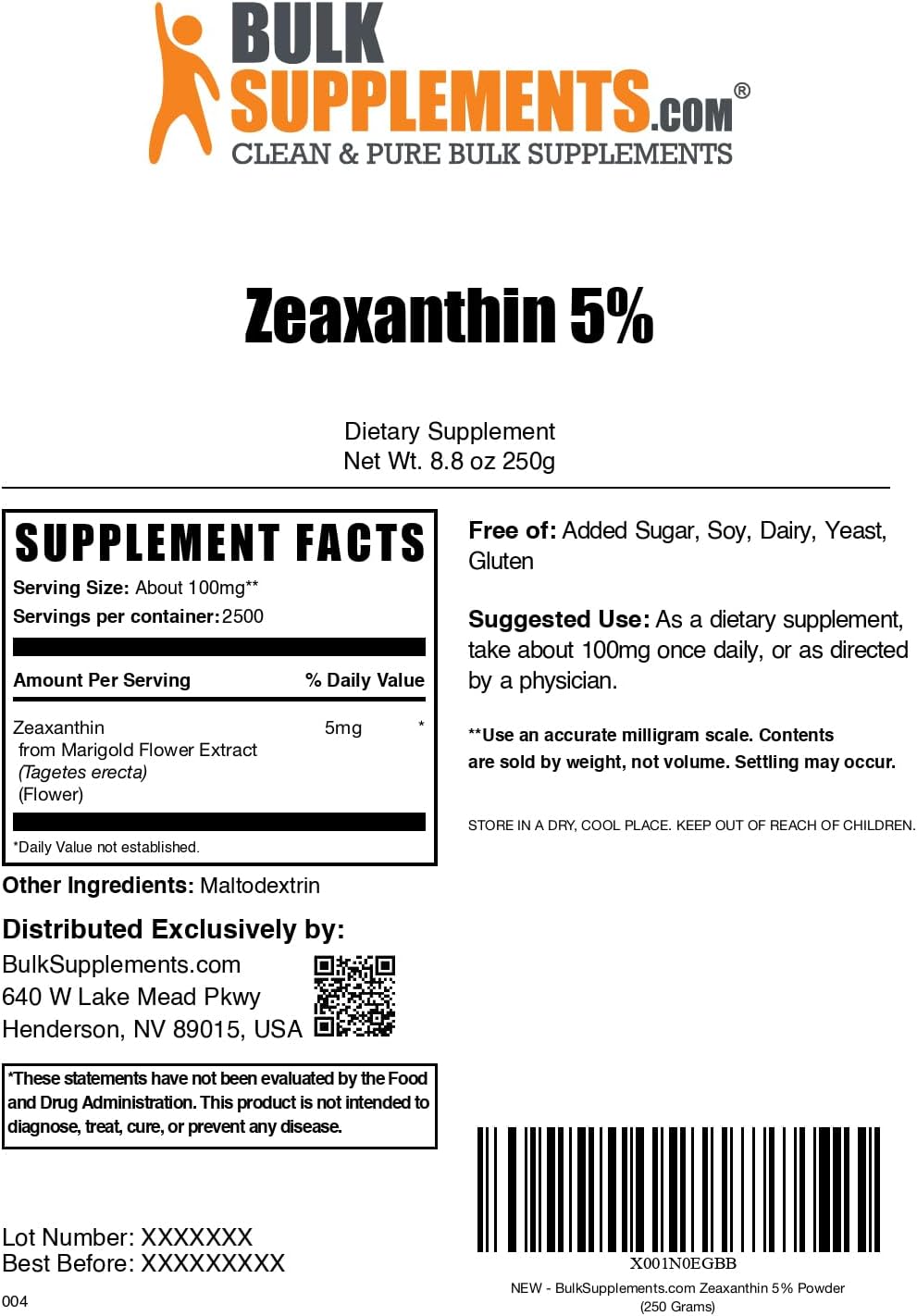 BulkSupplements.com Zeaxanthin Powder - Zeaxanthin Supplements, from Marigold Flower Extract - Gluten Free, 100mg (Zeaxanthin 5mg) per Serving, 250g (8.8 oz) (Pack of 1)