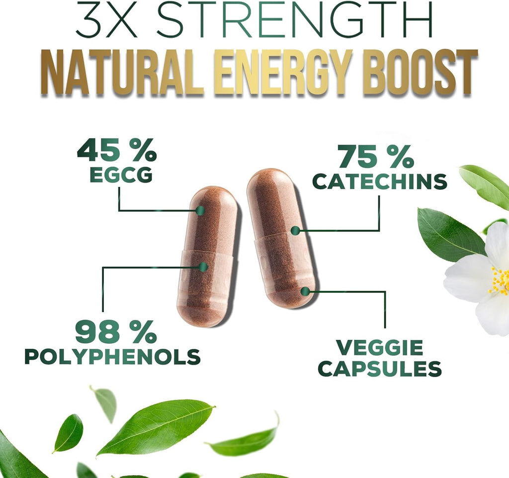 Green Tea Extract Capsules 1000mg with 98% Standardized Polyphenols & 45% EGCG for Heart Support with Antioxidants - 3X Absorption Green Tea Pills for Natural Energy, Gentle Caffeine - 60 Capsules