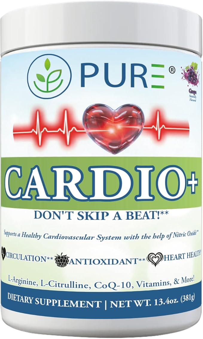 PURE Cardio+ Drink Mix, Grape, L-Arginine 5000mg, L-Citrulline 1000mg, Vitamins B12, C, D3, Beet Root, 30 Servings, 381 Grams (Pack of 1), Premium Wellness Support, Nitric Oxide, Cardio
