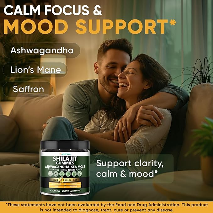 Adndale Himalayan Natural Shilajit Gummies for Men & Women, Sugar-Free Mixed Berries Flavor - with Ashwagandha, Sea Moss, Lion’s Mane & Saffron + Zinc & Selenium - 90 Gummies (45 Servings)