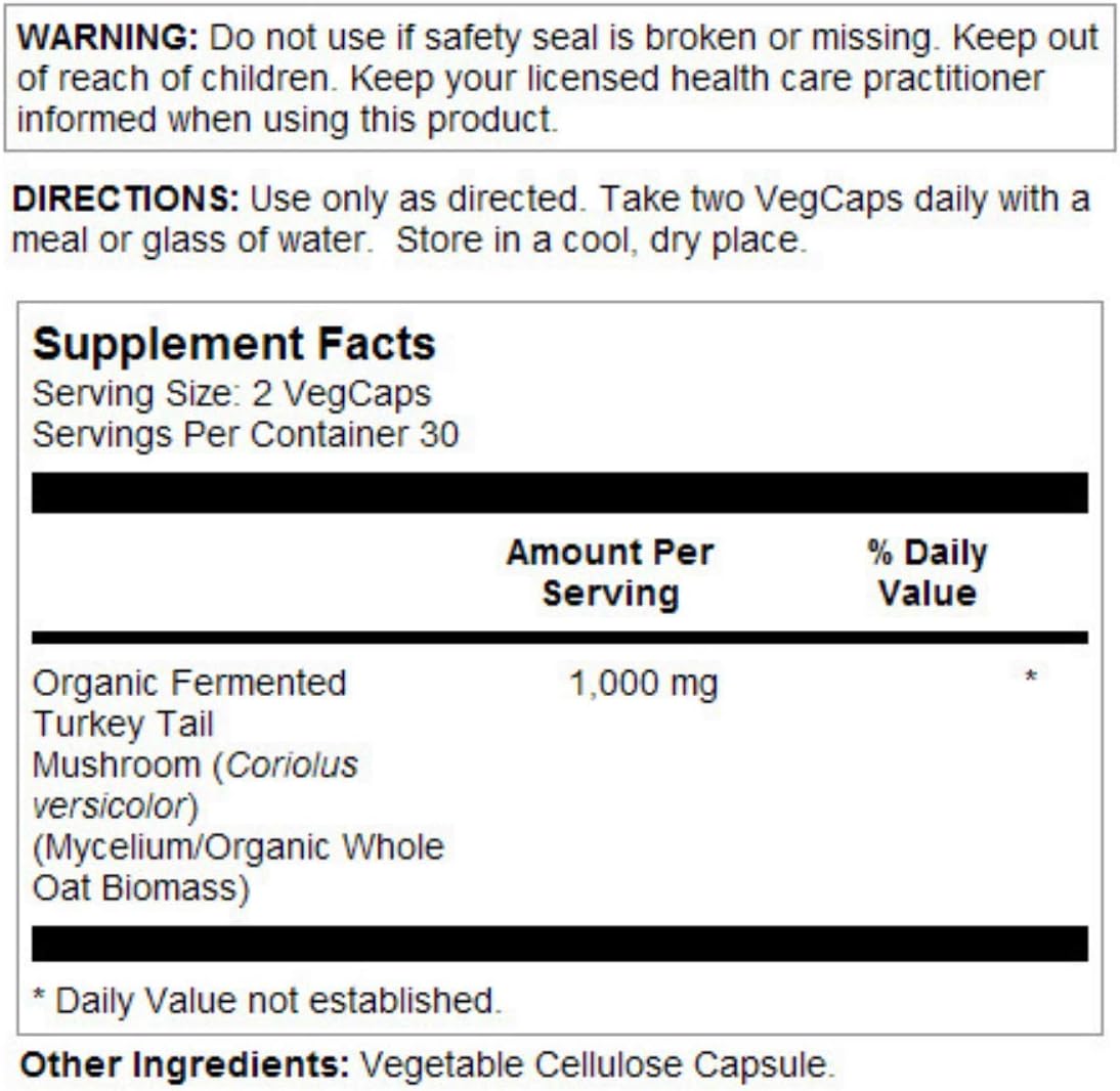 SOLARAY Fermented Turkey Tail Mushroom Supplement 1000mg - Overall Wellness Support - Turkey Tail Mushroom Capsules with Organic Mushrooms - Vegan, Non-GMO, Lab Verified, 60-Day Guarantee, 30 Servings