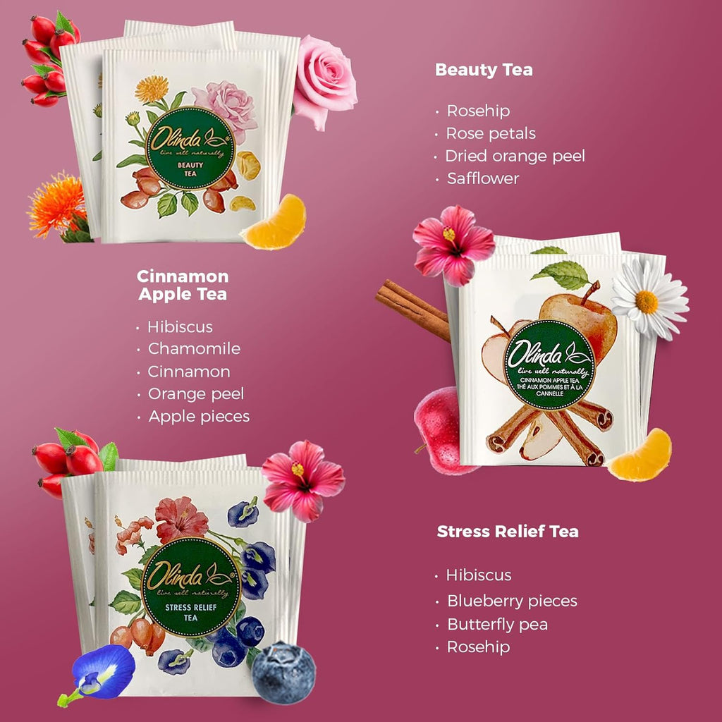 Olinda Healing Flowers & Roots Gift Box Natural Caffeine Free Tea Organic Herbal Tea Bags Healthy Beauty Tea Wellness Stress Relief Tea Sampler Gift Set Premium 9 Vareity Individually Wrapped 45 Tea Bags 1 Tea Gift Box for Women