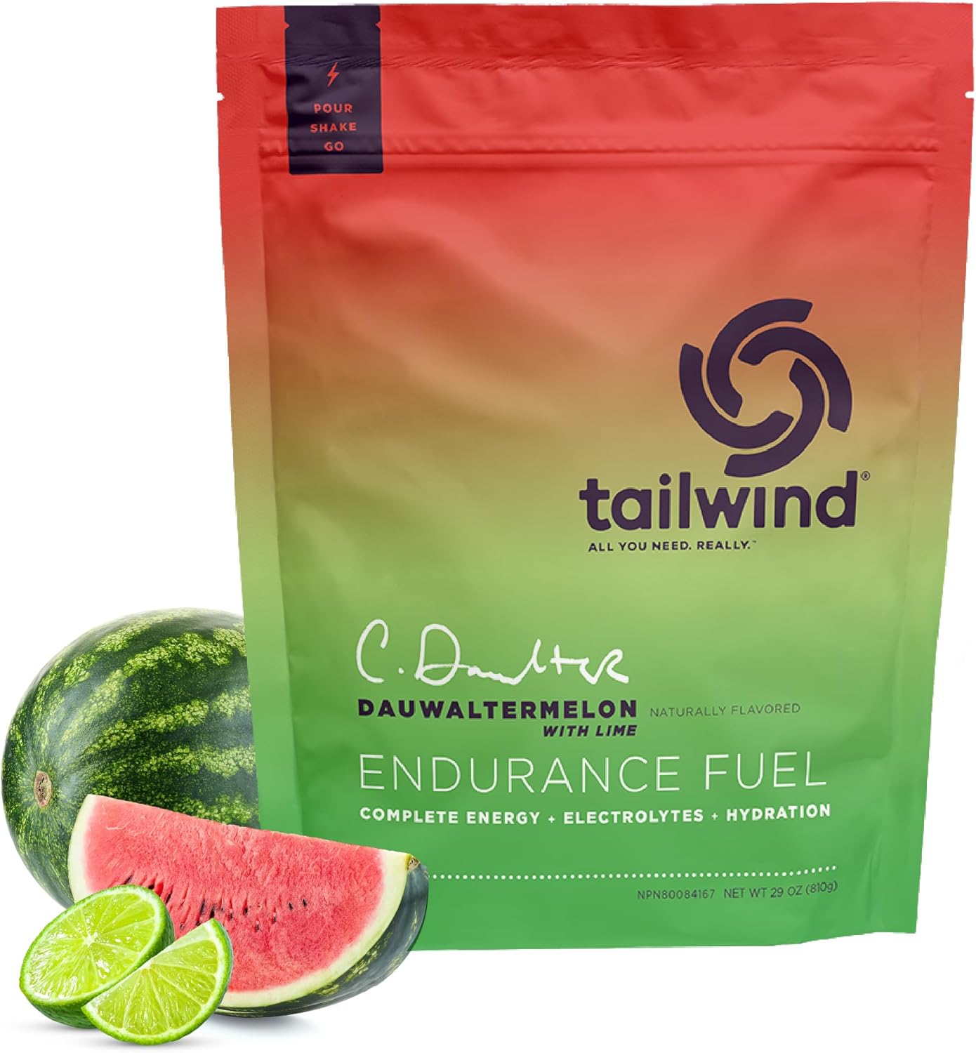 Tailwind Nutrition Endurance Fuel, Carbohydrate & Electrolyte Sports Drink Mix Powder, Gluten-Free, Vegan, Dauwaltermelon, 30 Servings