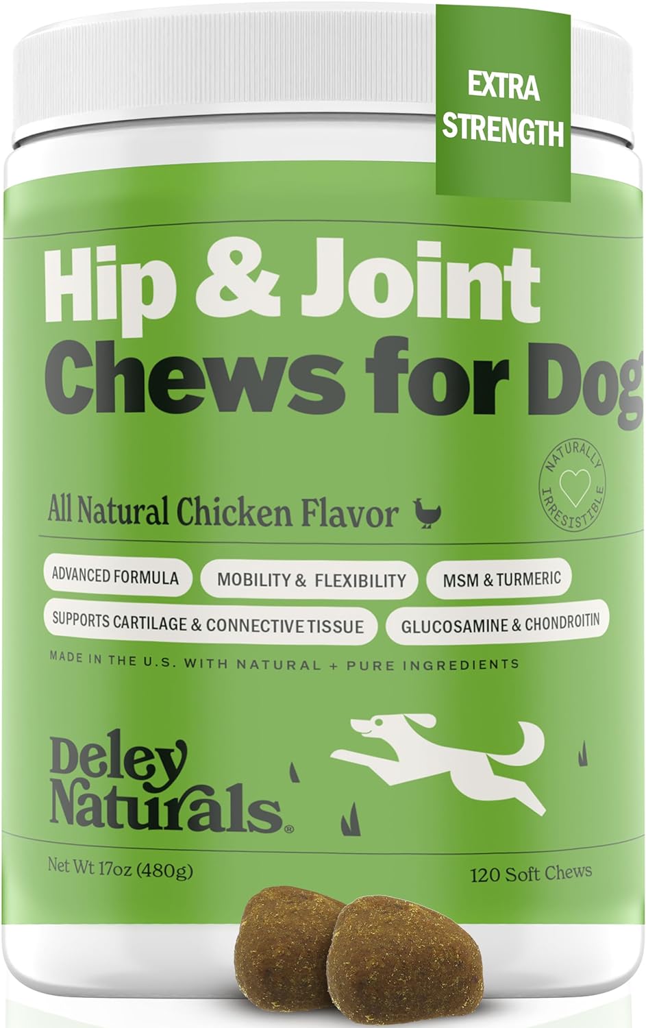 Deley Naturals Hip and Joint Supplement for Dogs - Glucosamine for Dogs with MSM, Turmeric, Chondroitin & Collagen Supplements - Joint Support Chews for Mobility, Flexibility & Comfort - 120 Chews