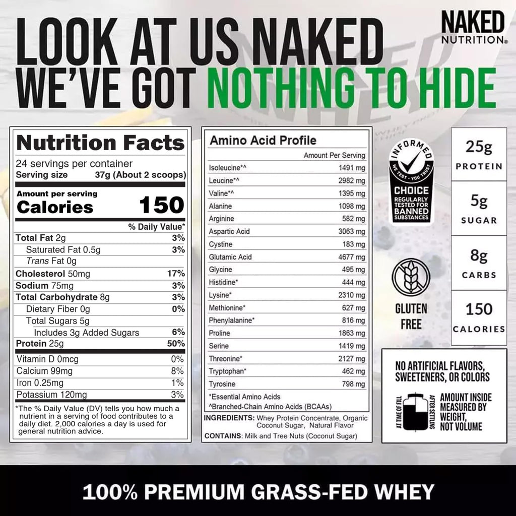 NAKED Whey Vanilla Protein Powder - Only 3 Ingredients - Grass Fed Whey Protein Powder, Vanilla Flavor, and Organic Coconut Sugar, No GMO, No Soy, and Gluten Free - 24 Servings