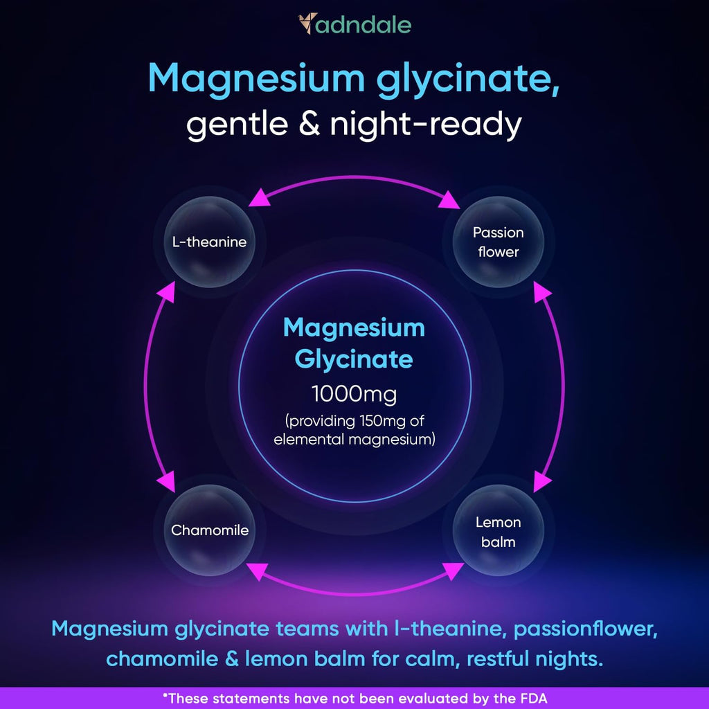 Adndale Pure Magnesium Glycinate Gummies. Magnesium Complex with L-Theanine, Passionflower, Chamomile - 90CT Sugar Free Chews