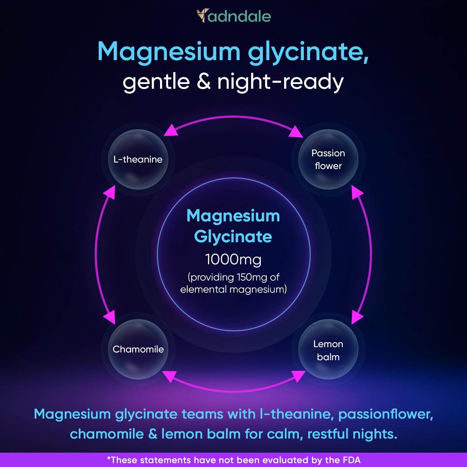 Adndale Pure Magnesium Glycinate Gummies. Magnesium Complex with L-Theanine, Passionflower, Chamomile - 90CT Sugar Free Chews