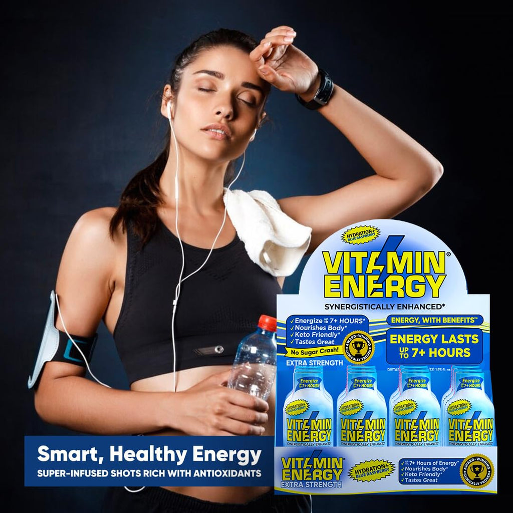 Vitamin Energy Hydration+ Extra Strength Energy Shot Blue Raspberry 48 Pack, 260mg Natural Caffeine, Electrolytes, BCAAs, Amino Acids, Hydration & Performance, Zero Sugar, Gluten-Free, 1.93 fl oz