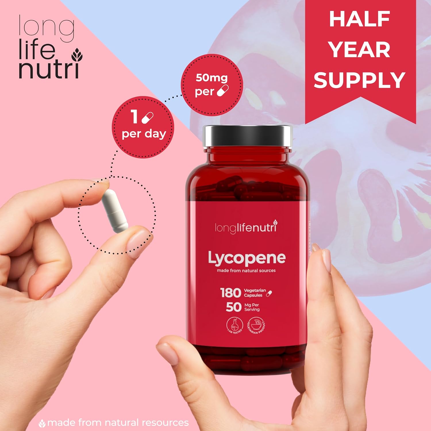 Lycopene 50mg 180 Vegetarian Capsules | Supplement Health | Natural Tomato Extract Non-GMO | Pure Powder