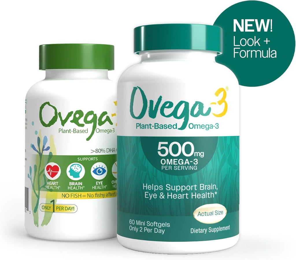 OVEGA-3 Plant-Based Omega-3 from Algal Oil Daily Supplement, 500mg, Supports Brain, Eye & Heart Health, Two Mini softgels per Day, 60 Count (Pack of 2)