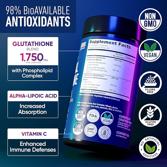 (2 Pack) Liposomal Glutathione 1100mg – High Absorption Glutathione Supplement with Vitamin C, ALA & Phospholipid Complex – Liver Function, Skin & Immune Support – 240 Vegan Capsules