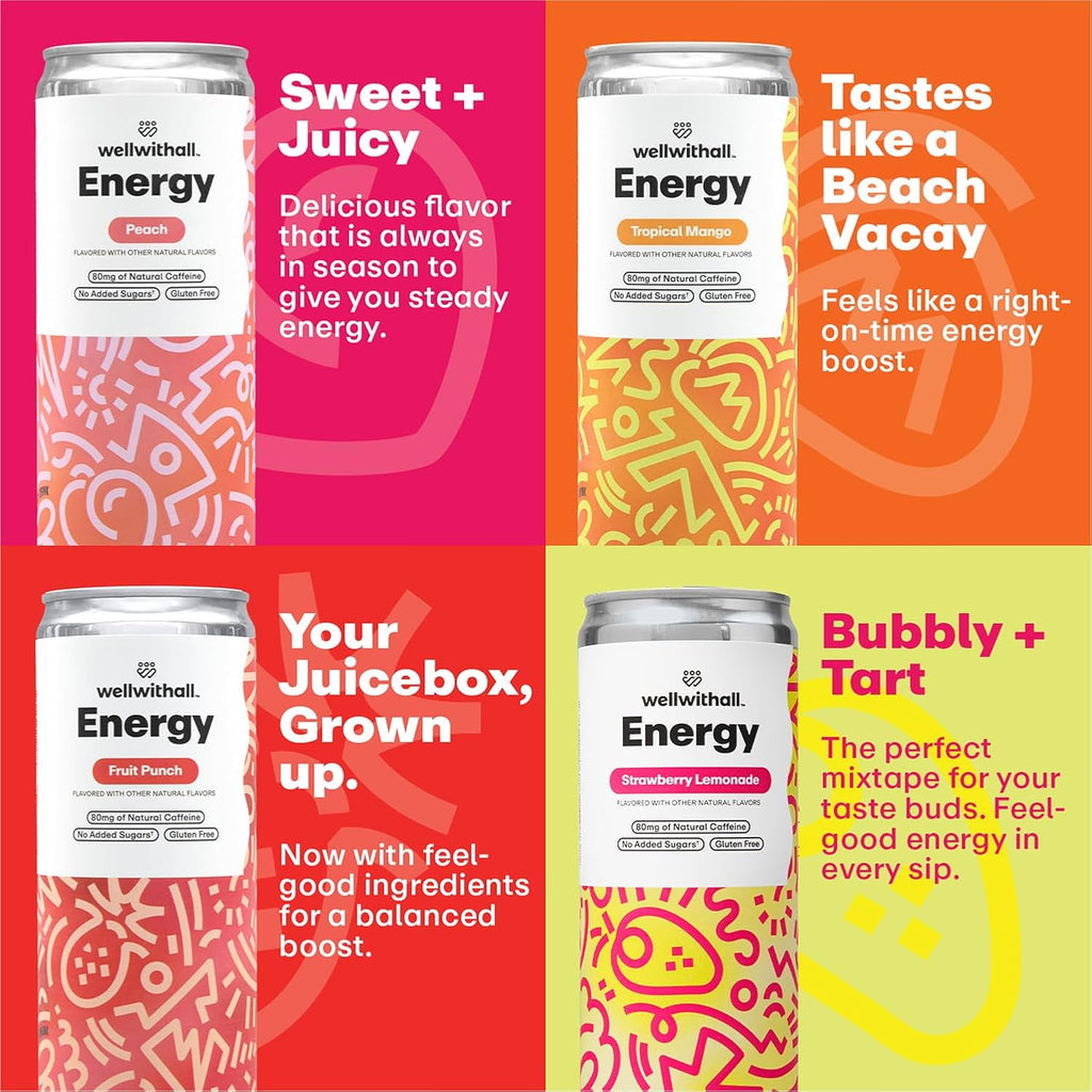 WellWithAll Energy Drink Variety Pack – Strawberry Lemonade, Fruit Punch, Tropical Mango, and Peach Flavors – Caffeine from Tea – With Vitamin C – Lightly Sparkling Beverage – Fruit & Veggie Juice Blend – 12 Oz (Pack of 12 – 3 Cans of Each Flavor)
