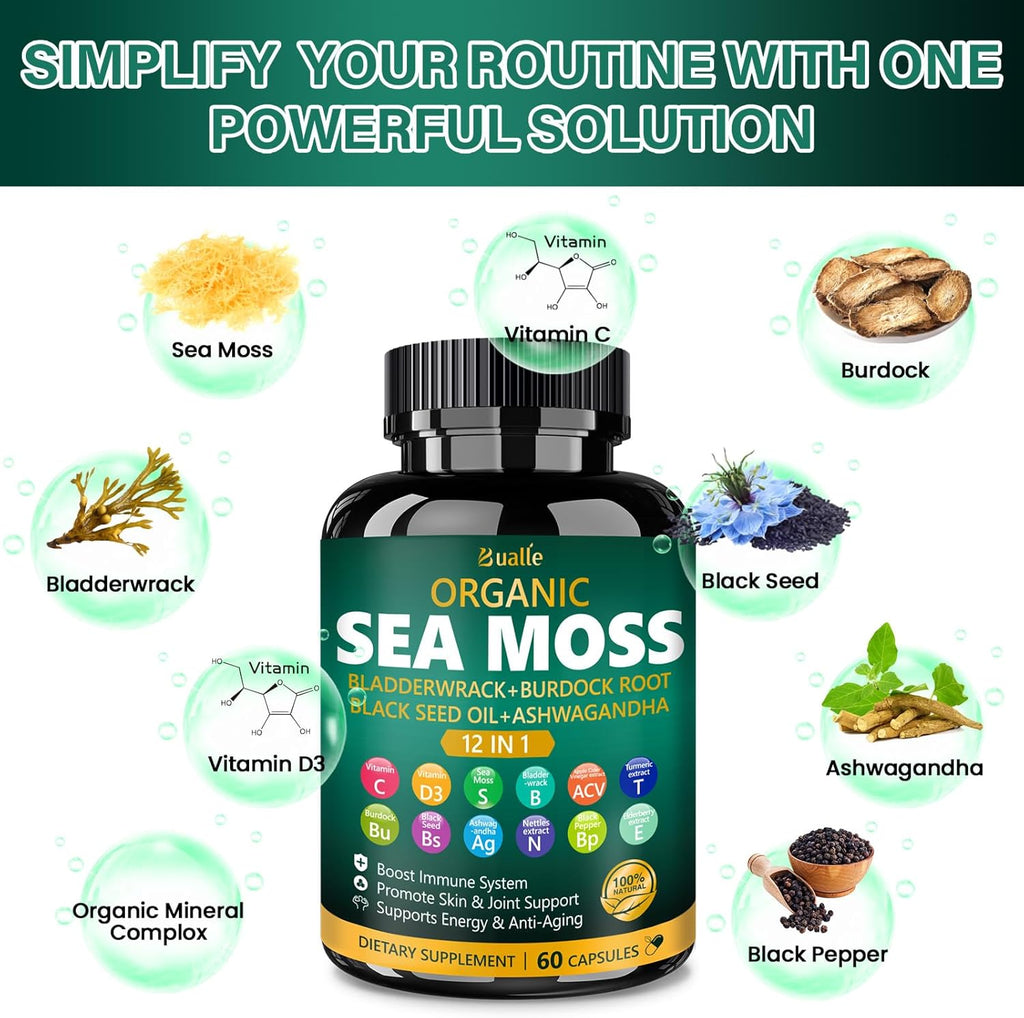 Bualle Organic Sea Moss Capsules with Sea Moss,Black Seed Oil,Ashwagandha,Bladderwrack,Ginger,Burdock Root for Immune System,Skin,Energy Support-120 Capsules (2 Pack)