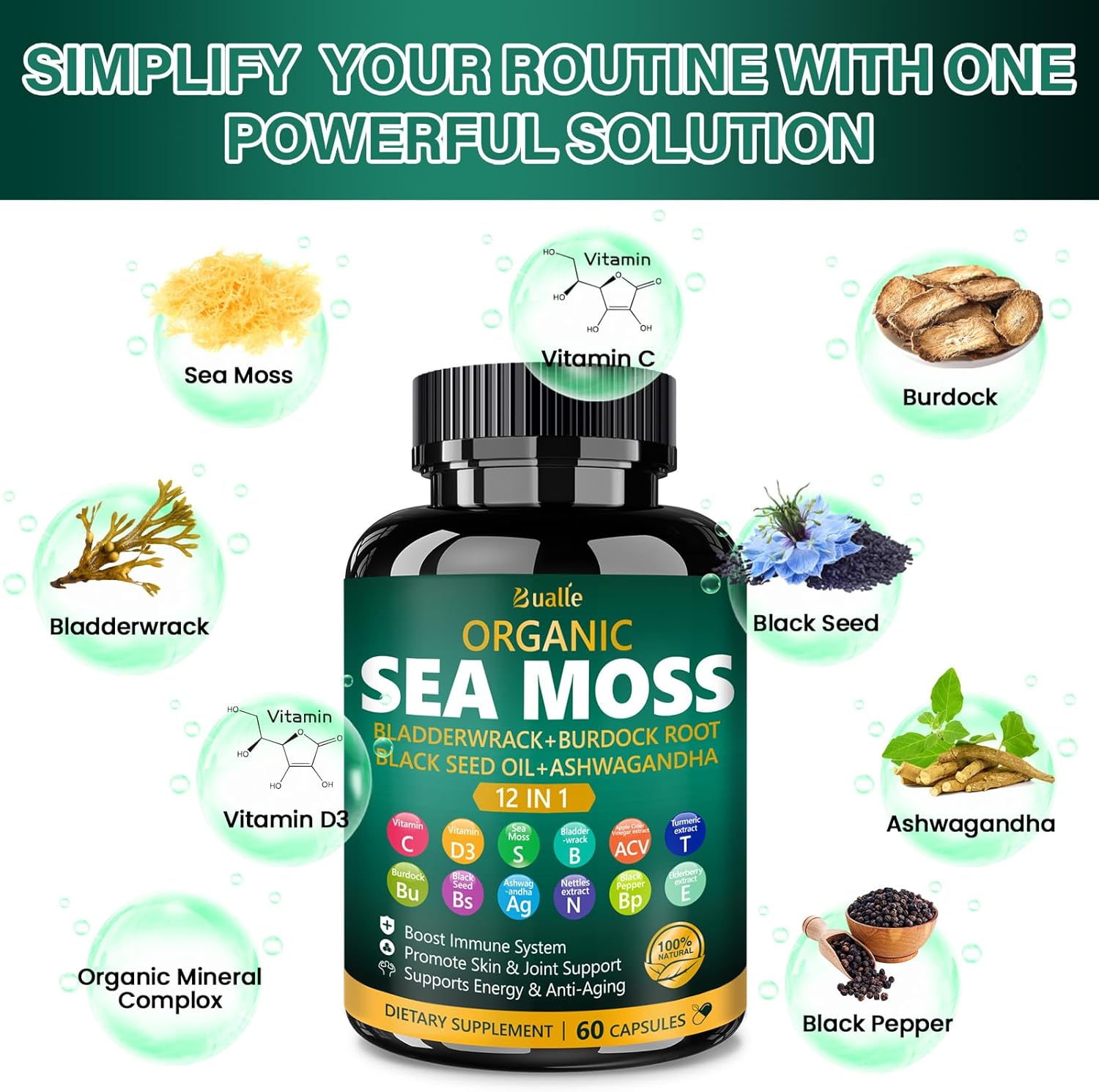 Bualle Organic Sea Moss Capsules with Sea Moss,Black Seed Oil,Ashwagandha,Bladderwrack,Ginger,Burdock Root for Immune System,Skin,Energy Support-120 Capsules (2 Pack)